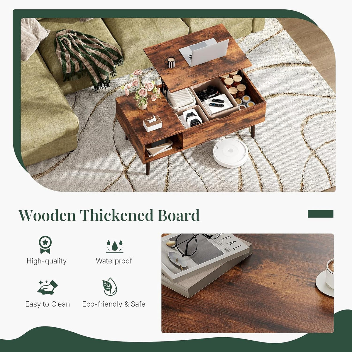 Coffee Table with Hidden Storage, Rustic Brown