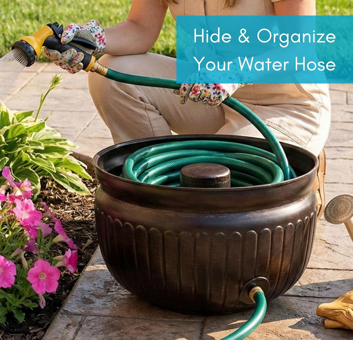 Decorative Metal Garden Hose Storage Pot – Holds Up to 100 ft