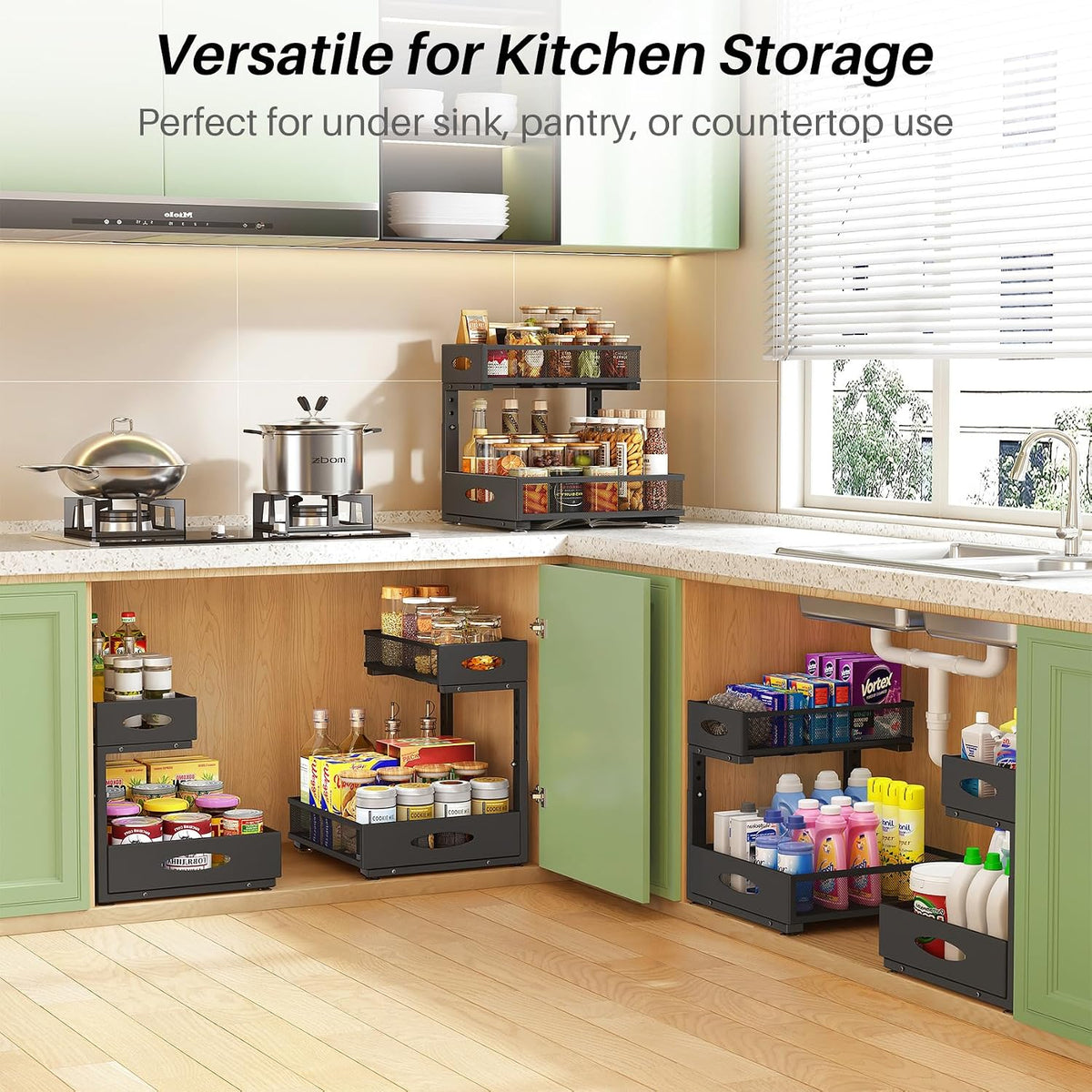 Under Sink Organizer, 2-Pack Pull Out Cabinet Organizer 2 Tier Metal Slide Out Storage Shelf Rack, L-Shaped Adjustable Height,Mesh Sliding Drawer for Kitchen, Bathroom, Laundry, Pantry, Black, XL - Field & Nook
