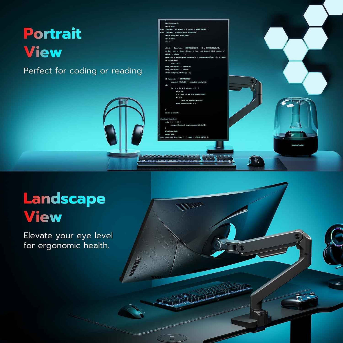 ARES WING Ultrawide Monitor Desk Arm for 17 to 49 Inch Screen, Holds 44 Lbs | Pro Gas Spring, Full Range of Motion, for 75/100 Vesa Mount, for Samsung, LG Curved/Flat Monitor, with C Clamp, Grommet Base