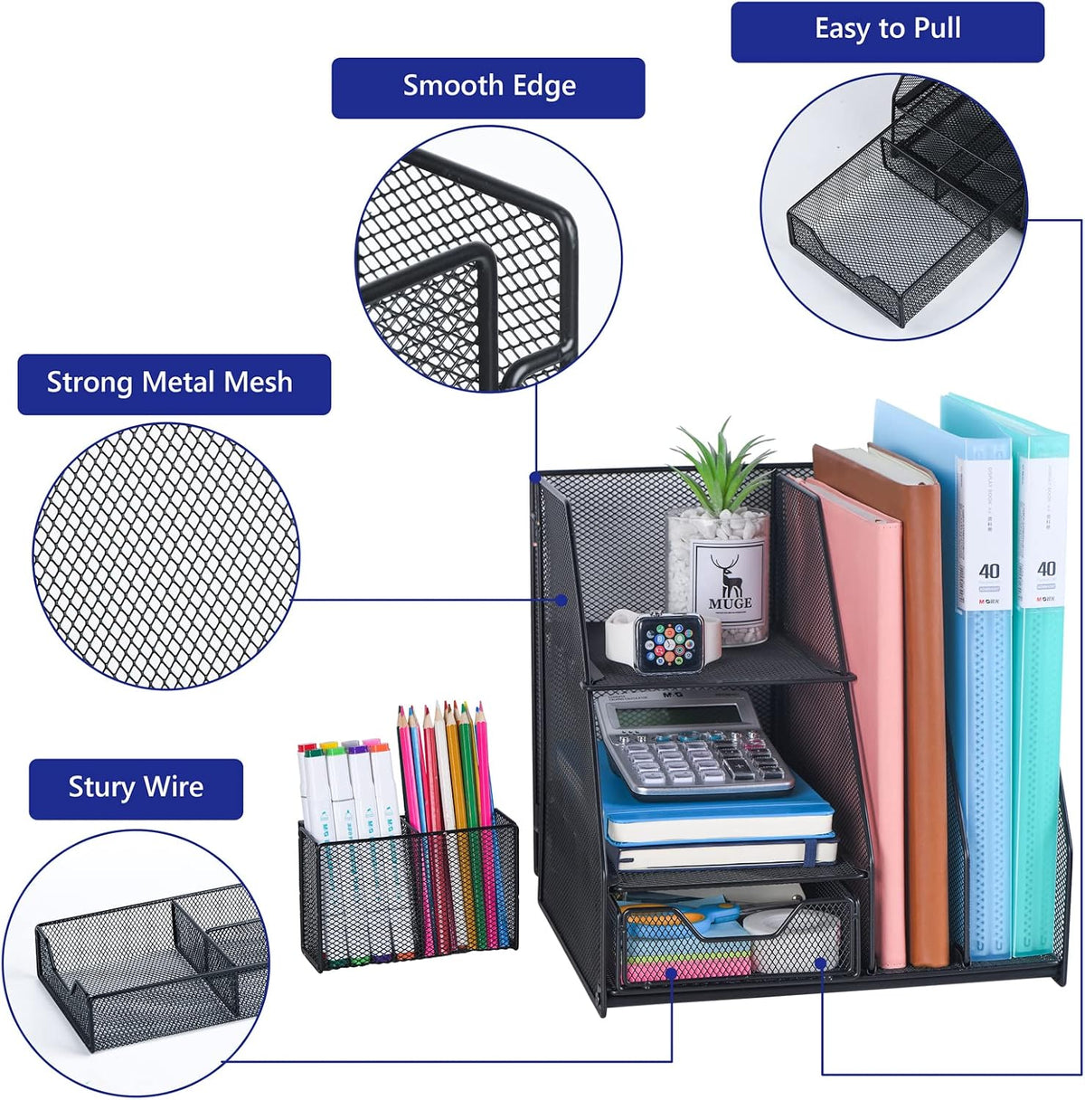 Topwey Desk Organizer, File Organizer for Desk with 2-Tier Paper Letter Tray, Drawer and 2 Pen Holder, Mesh Desktop Organization with Magazine Holder for Office Supplies - Field & Nook