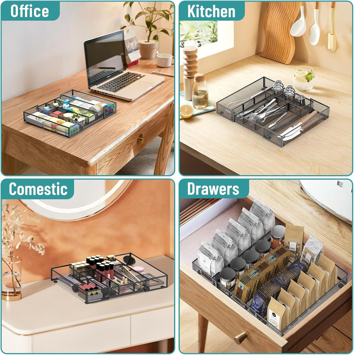2 Pack Expandable Desk Drawer Organizer, 10 Compartments, Black | Metal mesh drawer organizer tray with 5 removable dividers, expands from 8.74 to 16 in for office supplies, makeup or tools - Field & Nook