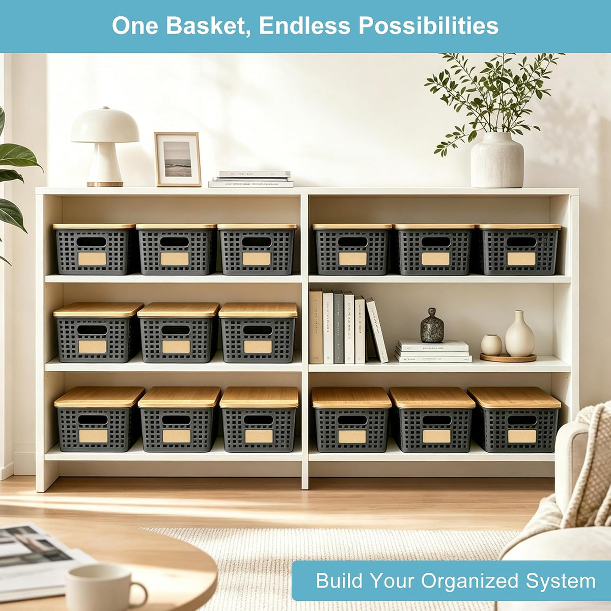 Small Plastic Storage Bins with Bamboo Lids 5.2qt Stackable Box Basket Pantry Decorative Containers Cute with Lable for Organizing Desktop Closet Office Gray of 6 packs 10 * 7.2 * 4.1" - Field & Nook