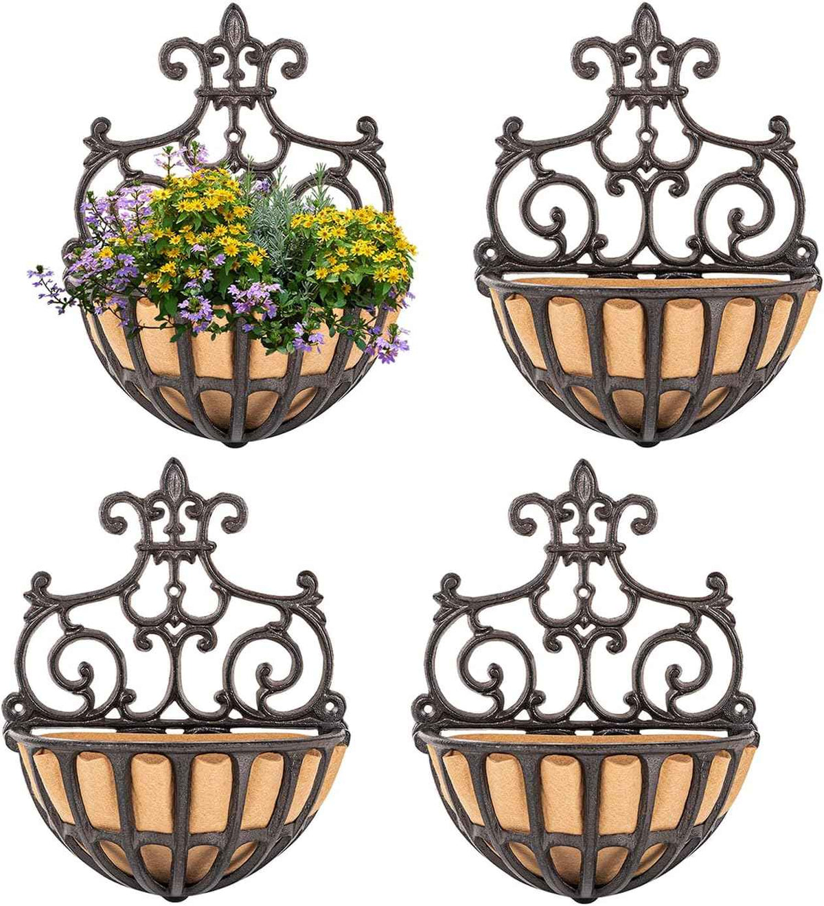 Sungmor 4 Pack Cast Iron Wall Planter Basket - Indoor Outdoor Wall Mounted Flower Pot Holder - Metal Hanging Planter Basket - Wall Decor Succulent Air Plants Container