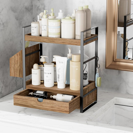 Two-Tier Bathroom Counter Organizer – Wood Shelf with Drawer & Basket