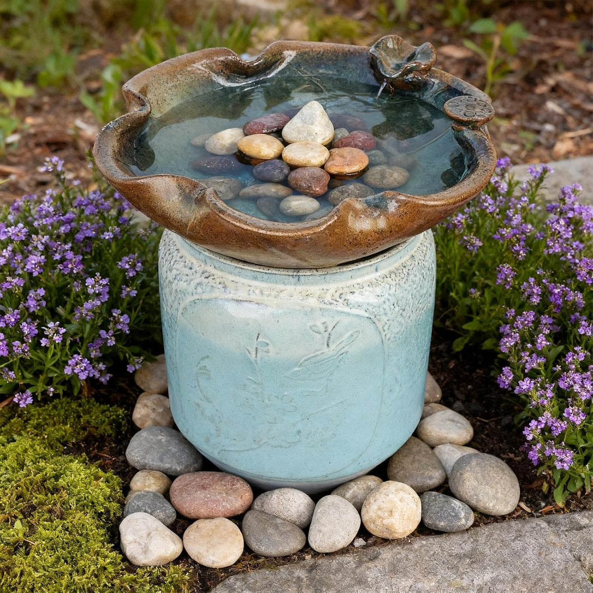 Ceramic Bird Bath and Feeder, Heavy Duty 12.5-Inch Ground Feeding Bowl, Wildlife Water Station for Squirrel Rabbit Bird Bee - Garden, Yard, Balcony Décor