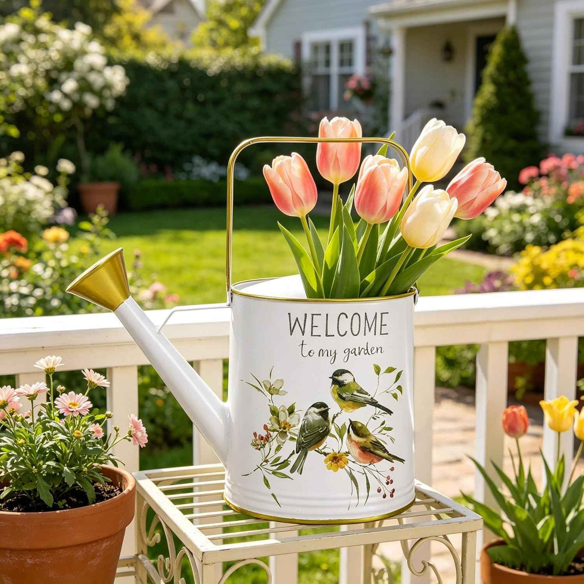 Vintage Decorative Metal Watering Can - Welcome to My Garden with Charming Bird & Floral Design, Rustic Farmhouse Watering Pot Planter for Indoor/Outdoor Plant Care