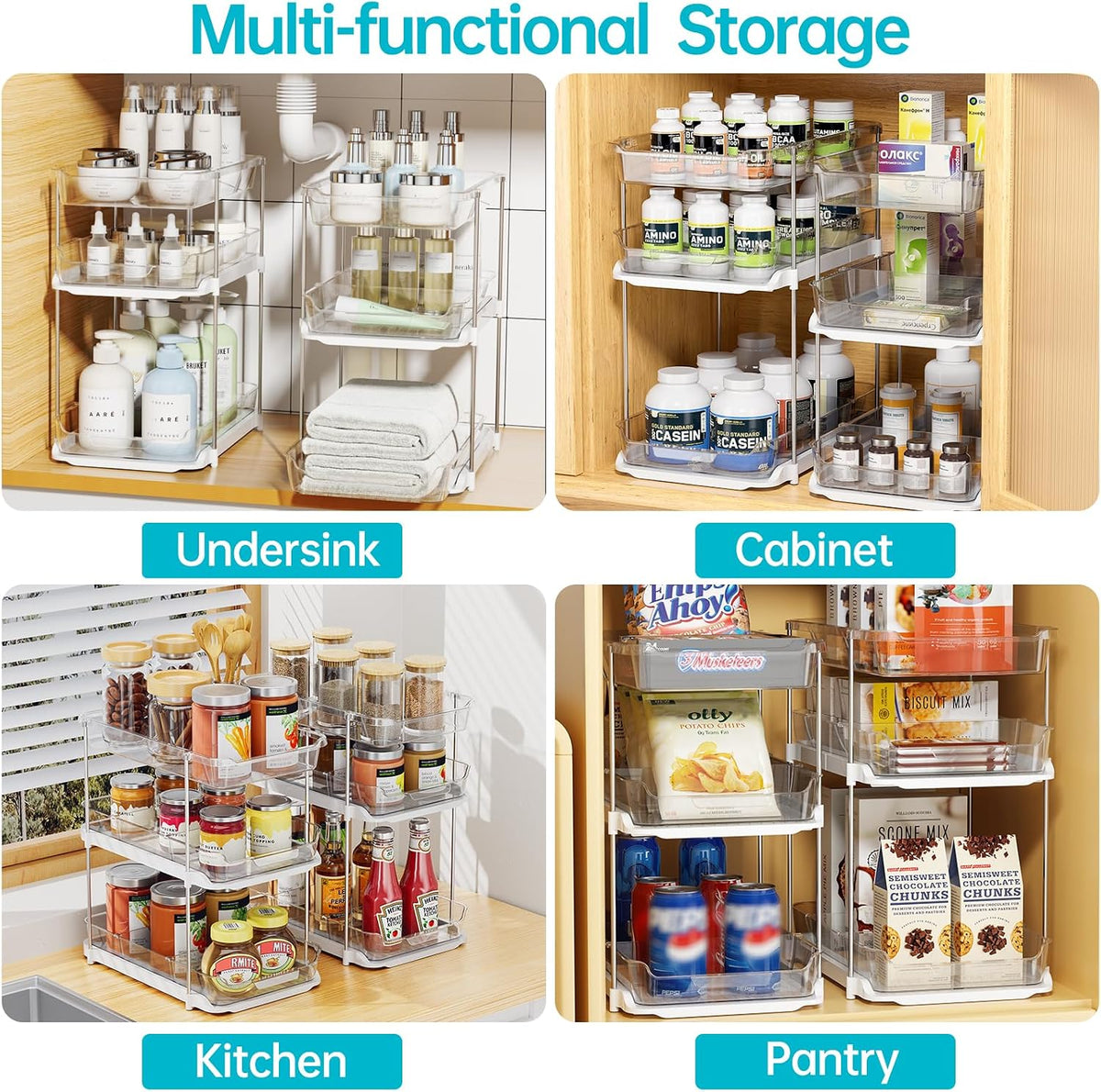 Delamu 2 Sets of 3-Tier Bathroom Under Sink Organizers and Storage, Multi-Purpose Stackable Pantry Organization and Storage, Pull Out Clear Kitchen Bathroom Cabinet Organizer with Movable Dividers | Storage - Field & Nook