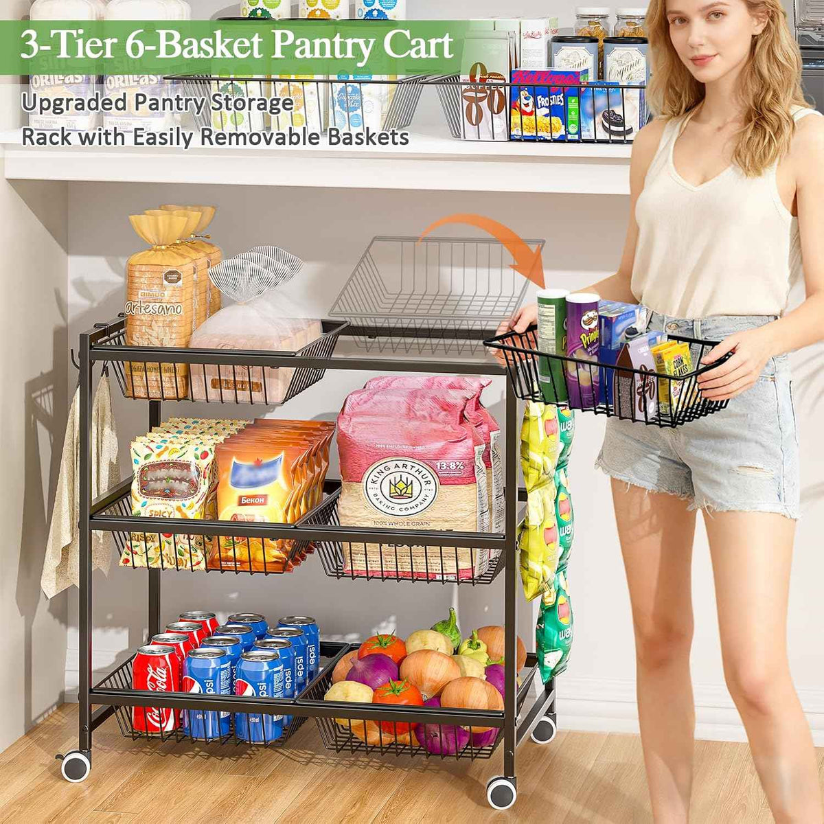 3-Tier Rolling Pantry Floor Organizer Cart with 6 Detachable Baskets, Metal Wire Fruit Basket Stand with Wheels, Kitchen Storage Cart for Fruit Vegetables, Snack Cart for Pantry Kitchen Living Room