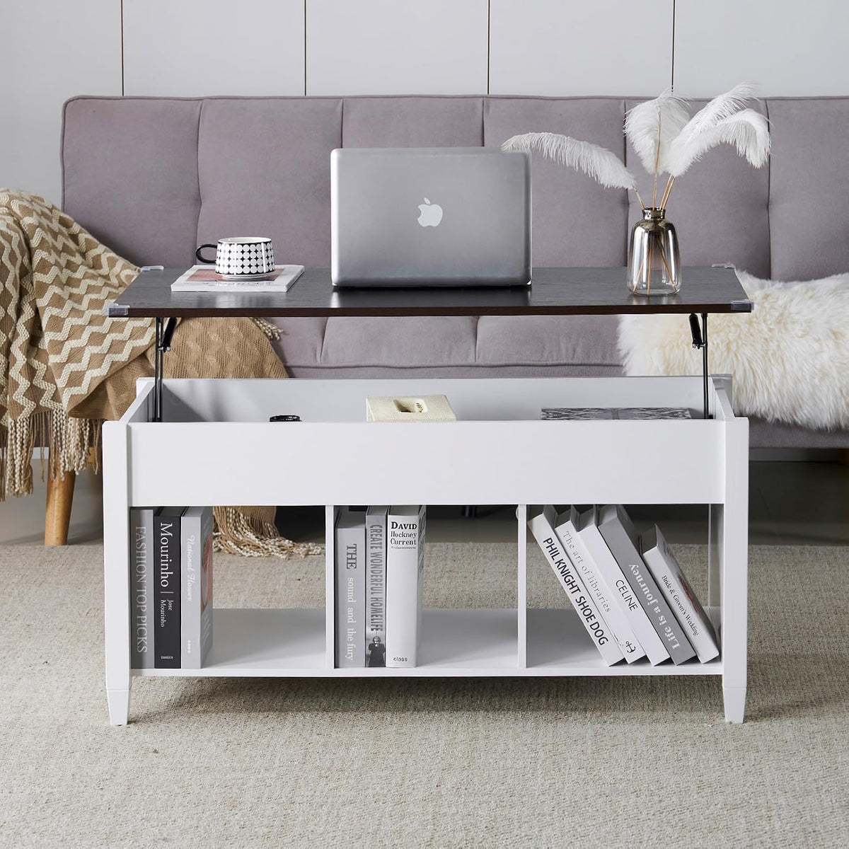 VINGLI 39" Lift Top Coffee Table, White & Dark Brown