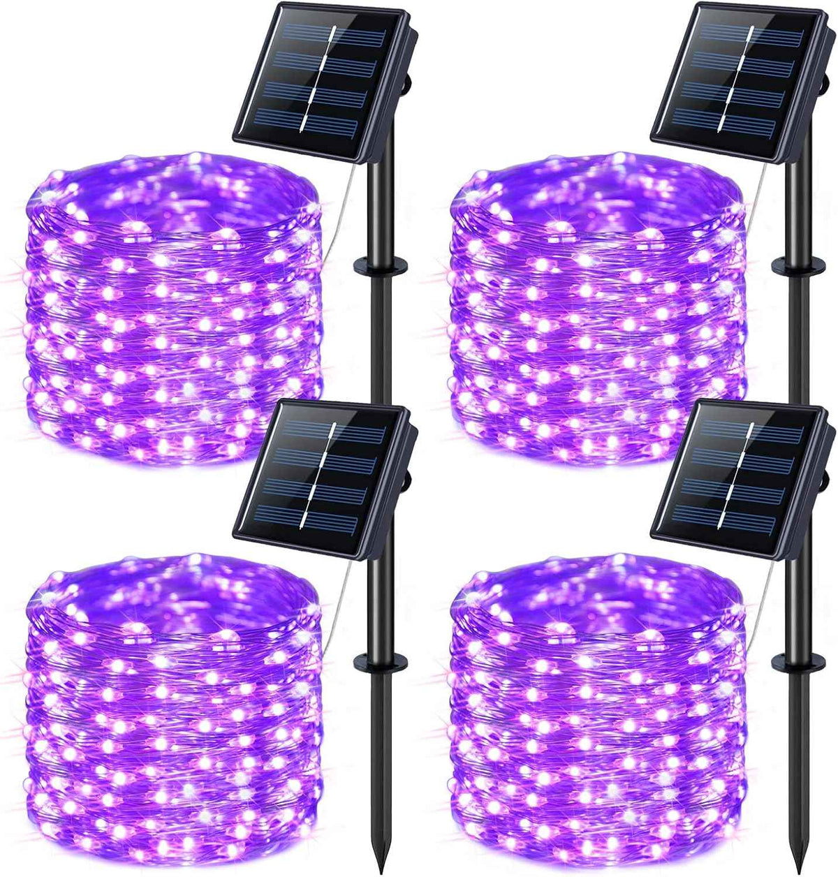 JMEXSUSS 4 Pack Purple Solar String Lights Outdoor Waterproof, 100 LED 33ft Purple Solar Fairy Lights, 8 Modes Copper Wire Christmas Light for Halloween Christmas Garden Yard Tree Decor