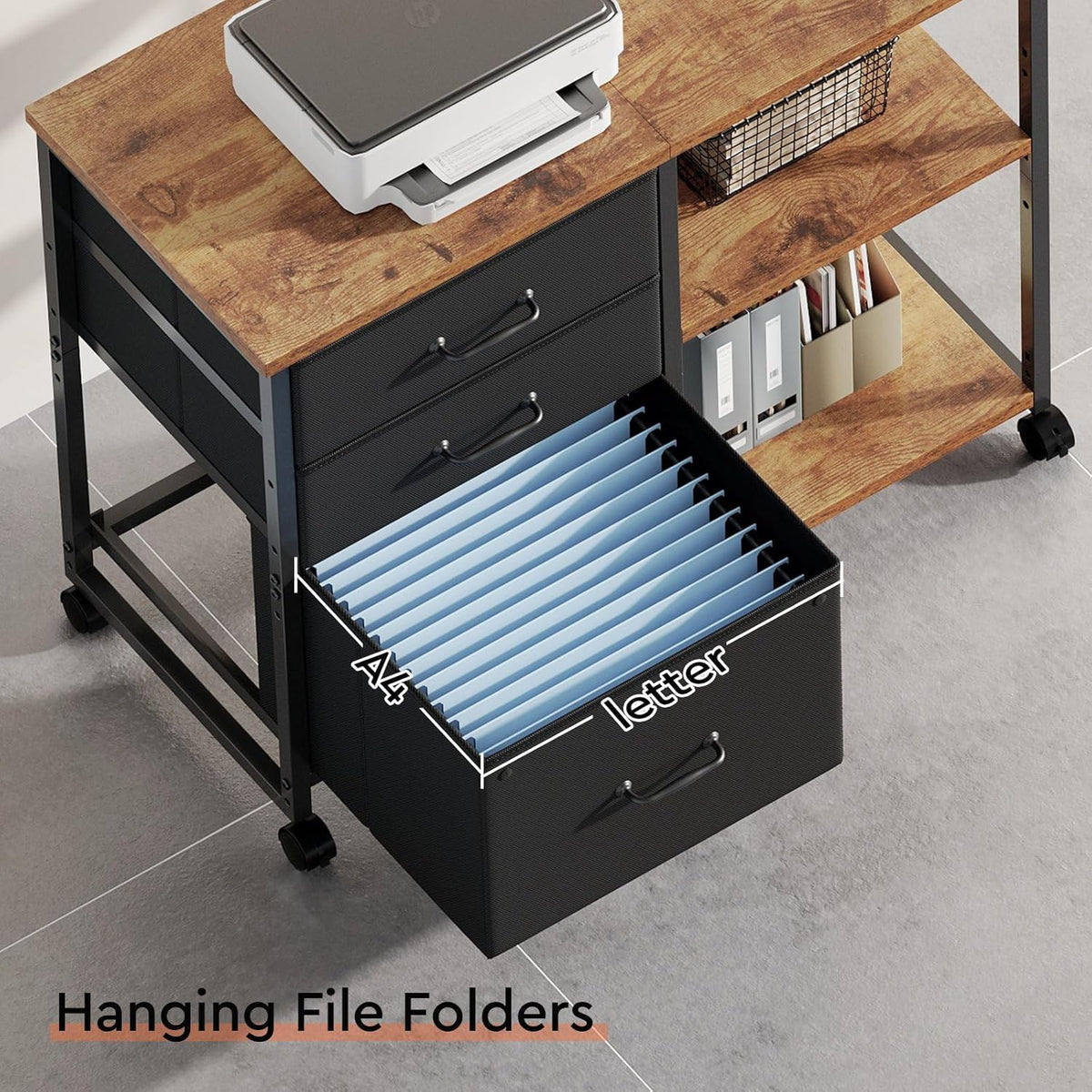 3 Drawer File Cabinet with Wheels Rolling Printer Stand with Open Storage Shelf Fabric Lateral Filing Cabinet for Home Office,Rustic Brown - Field & Nook