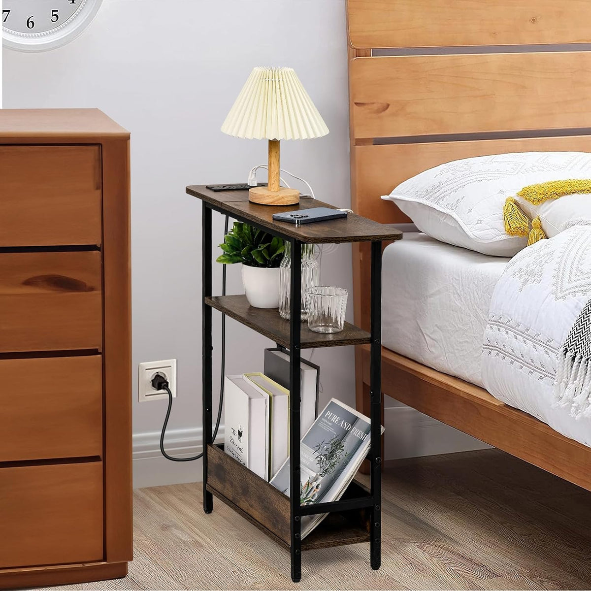 Narrow Sofa Side Table – Charging Station and Storage Shelves