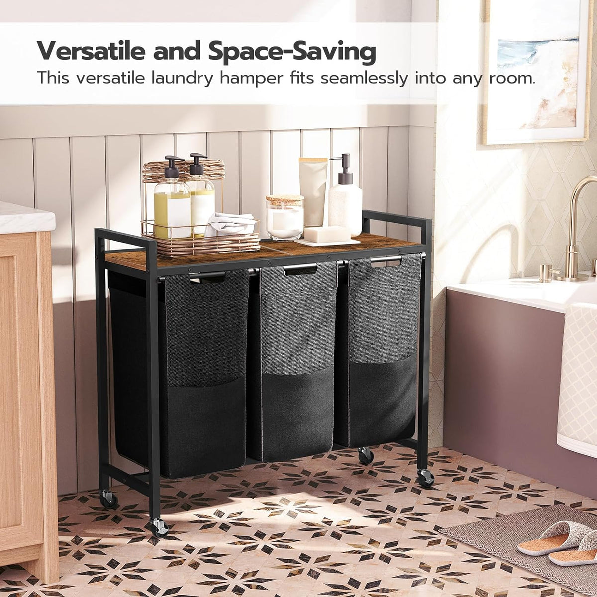 3-Section Rolling Laundry Sorter with Pull-Out Oxford Bags - Field & Nook