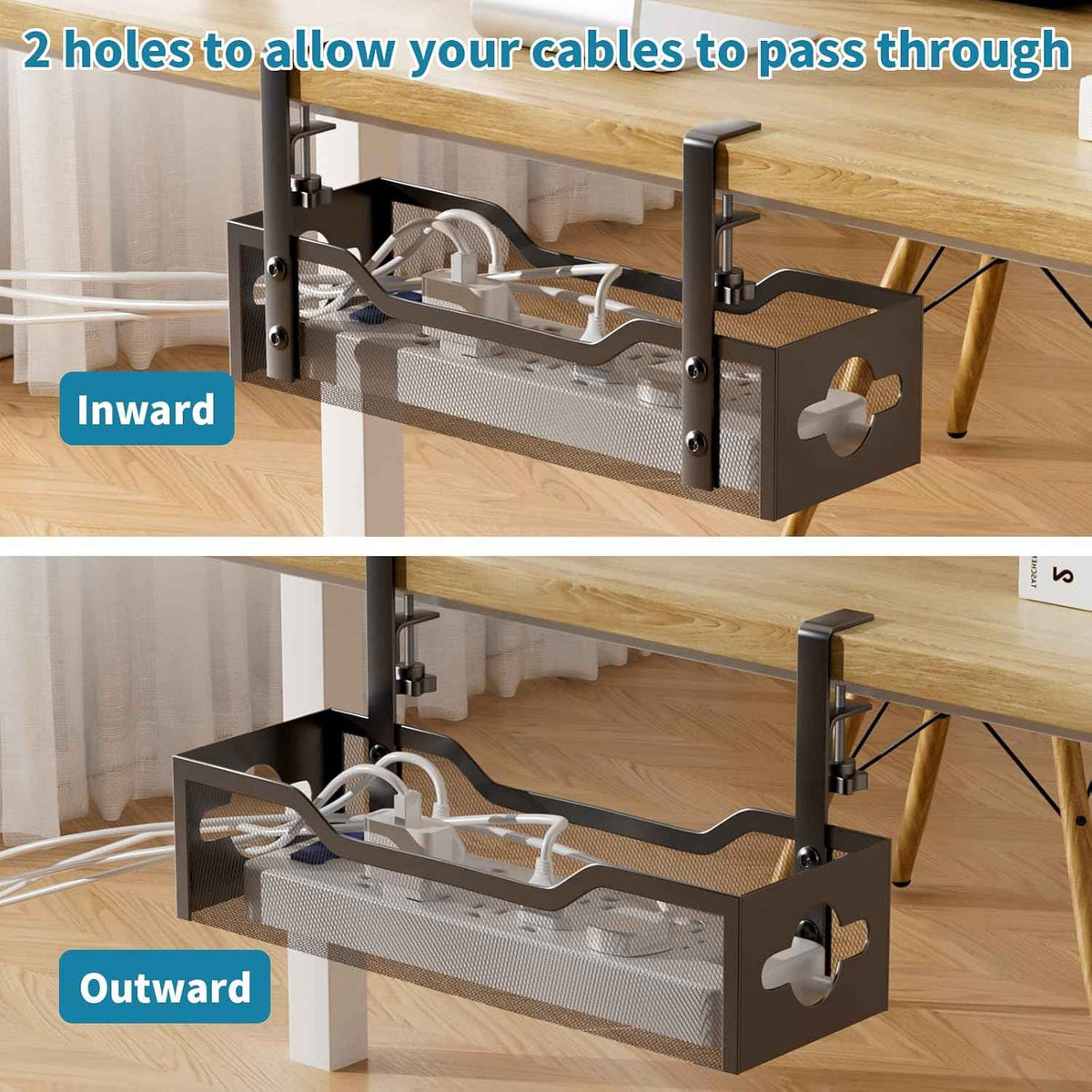 Clamp-On Metal Mesh Cable Tray – No-Drill Under-Desk Cord Organizer with Routing Holes, Black