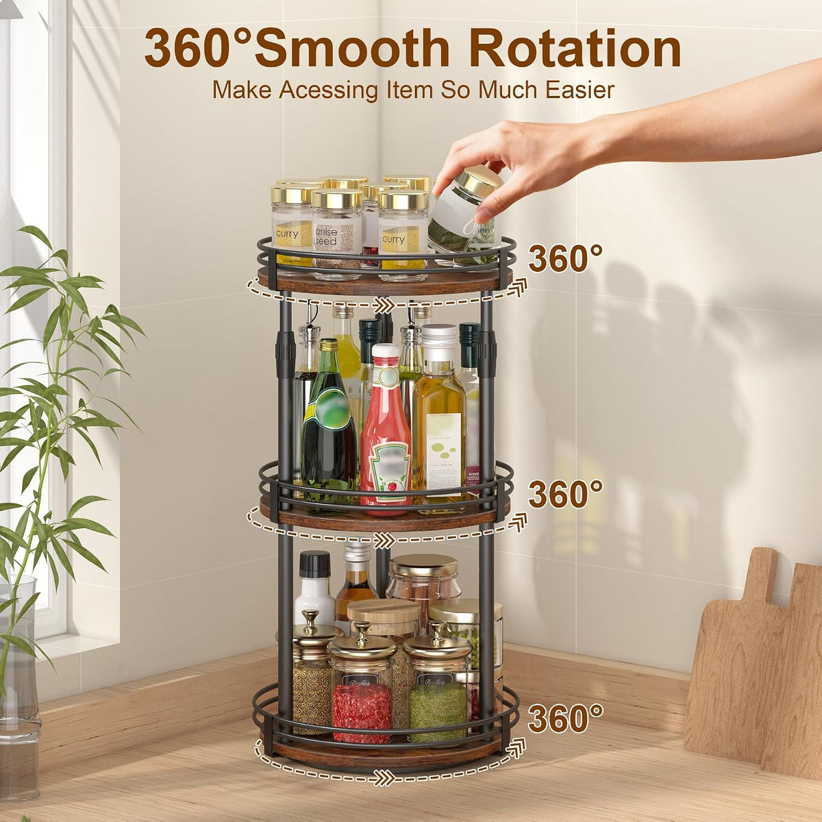 Across-Star Lazy-Susan-Organizer-Spice-Rack, 3-Tier Rotating Spice Organizer For Cabinet Pantry, Seasoning Holder Shelf With Adjustable Height, Kitchen Counter Shelf Countertop Organzier - Field & Nook