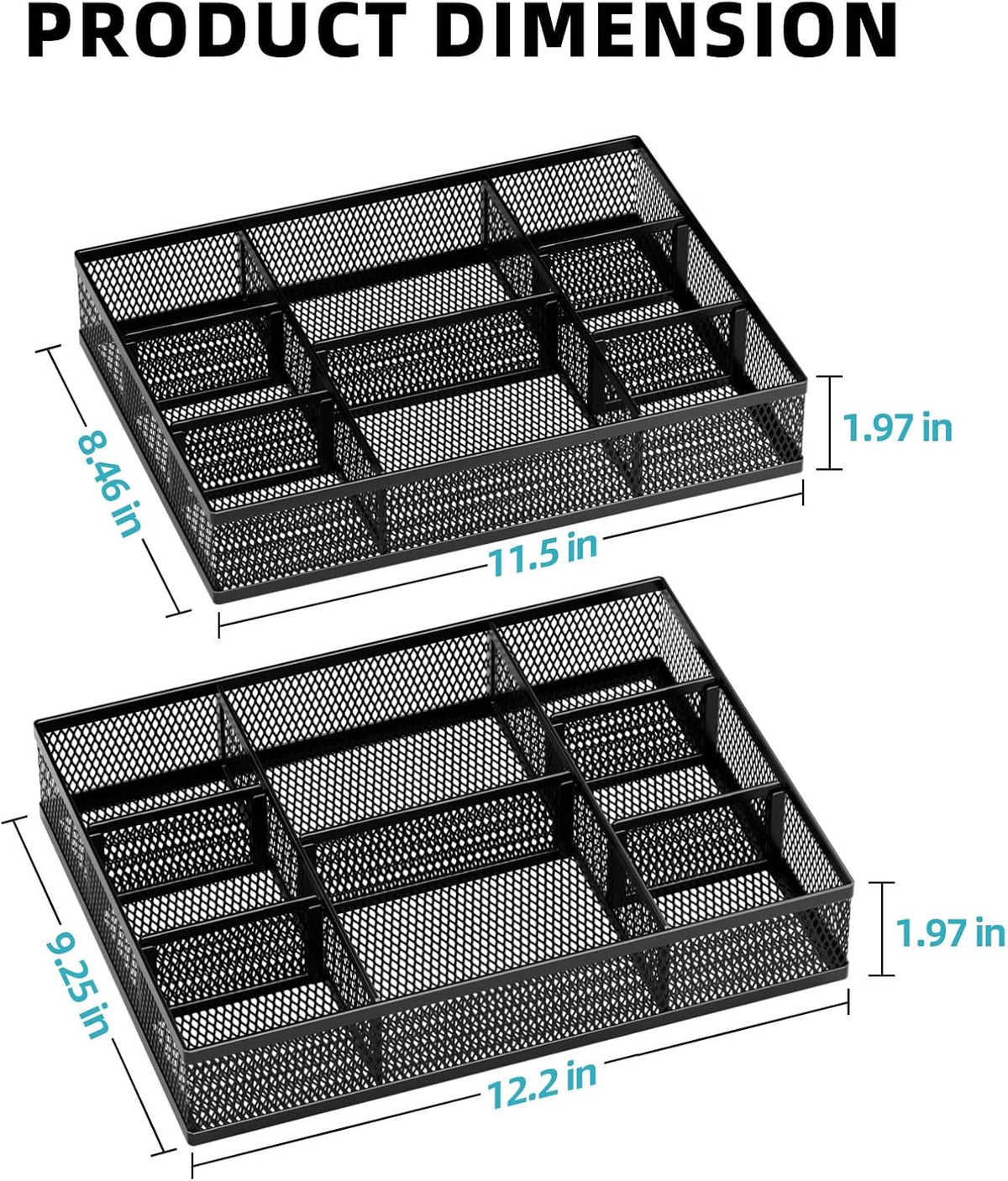 Marbrasse 2 Pack Desk Drawer Organizer, Mesh Drawer Organizer Tray with 8 Adjustable Compartments, Desk Organizers and Accessories, 5 Dividers Drawer for Office Supplies, Makeup & Vanity (Black) - Field & Nook