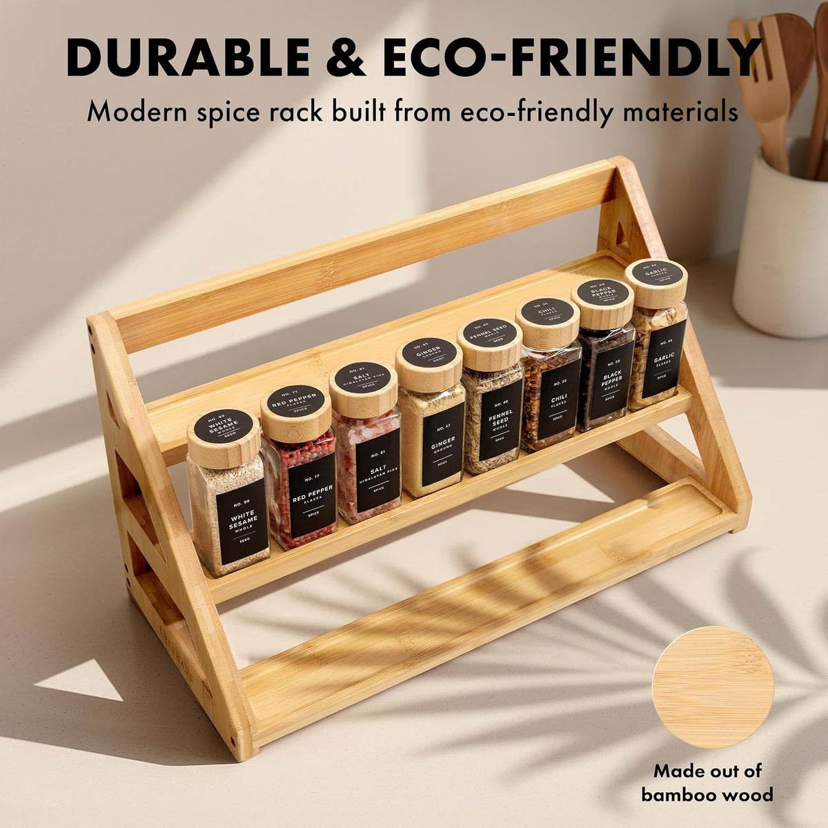 3 Tier Bamboo Spice Rack Organizer for Cabinet – Fits 24 Spice Jars, 17.5” Wide Countertop & Cabinet Organizer for Kitchen Organization, Seasoning Organizer Shelf (Jars Not Included) - Field & Nook