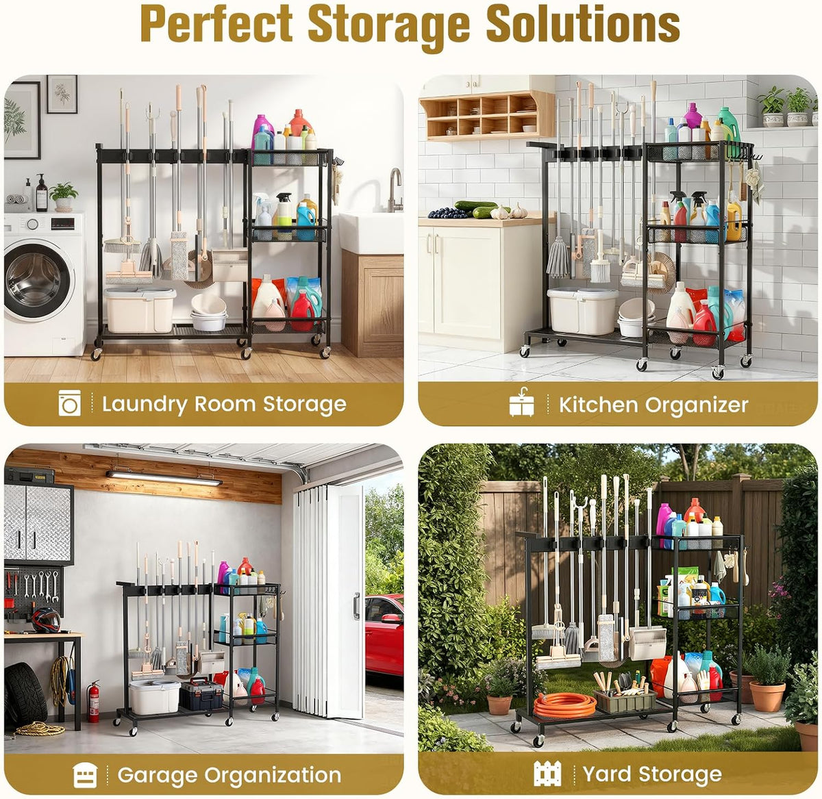 Broom Holder with Cleaning Supplies Organizer – 3-Tier Shelves - Field & Nook