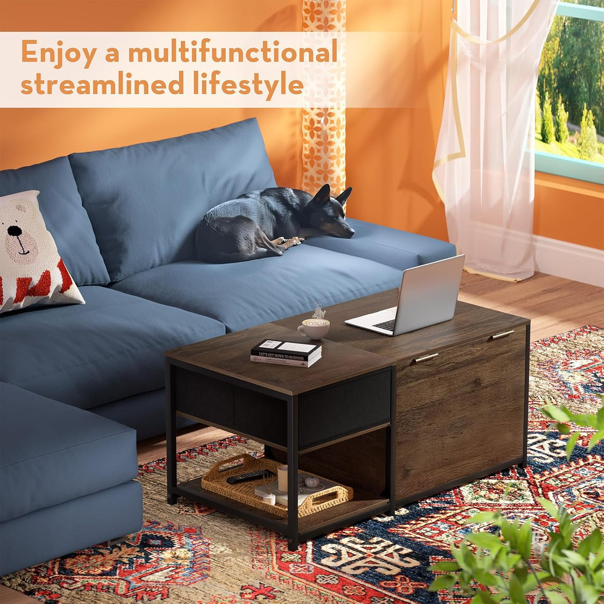 SINPAID Coffee Table with Hidden Storage, Walnut