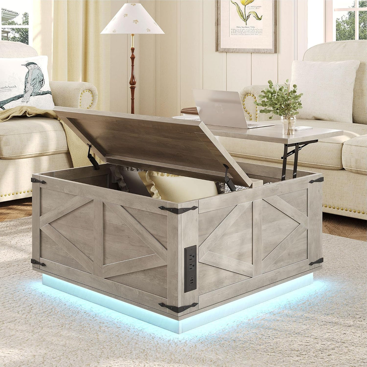 Jocoevol Lift Top Coffee Table with LED Lighting, Rustic Grey