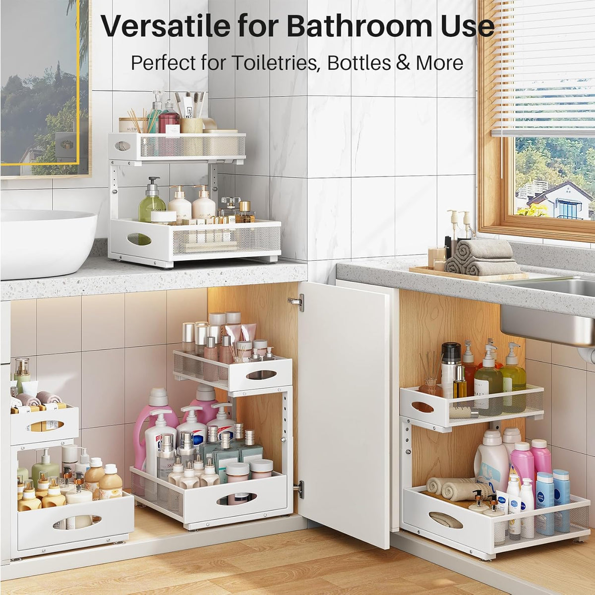 Under Sink Organizer, 2 Tier Pull Out Under Cabinet Organizer Shelf with Pad for Framed Cabinets, Metal Slide Out Under Sink Storage, Mesh Sliding Drawers for Kitchen Bathroom Laundry(White, 1 Pack) - Field & Nook