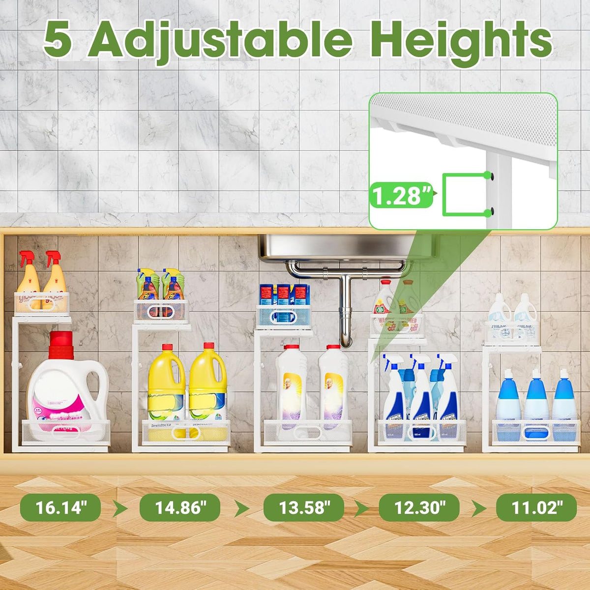 Under Sink Organizer 2-Pack, Metal 2-Tier Pull-Out Cabinet Shelf with Slide-Out Mesh Drawers, Height Adjustable, Space-Saving Under Sink Storage Racks for Kitchen, Bathroom, Laundry Room, White - Field & Nook