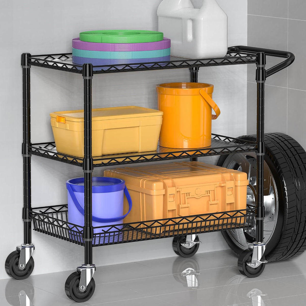 Folews Heavy Duty Rolling Cart with Wheels, 3 Tier Commercial Grade Utility Cart, Metal Storage Organizer Trolley with Handle Bar & Shelf Liner for Pantry, Laundry Room & Household Supplies, Black - Field & Nook