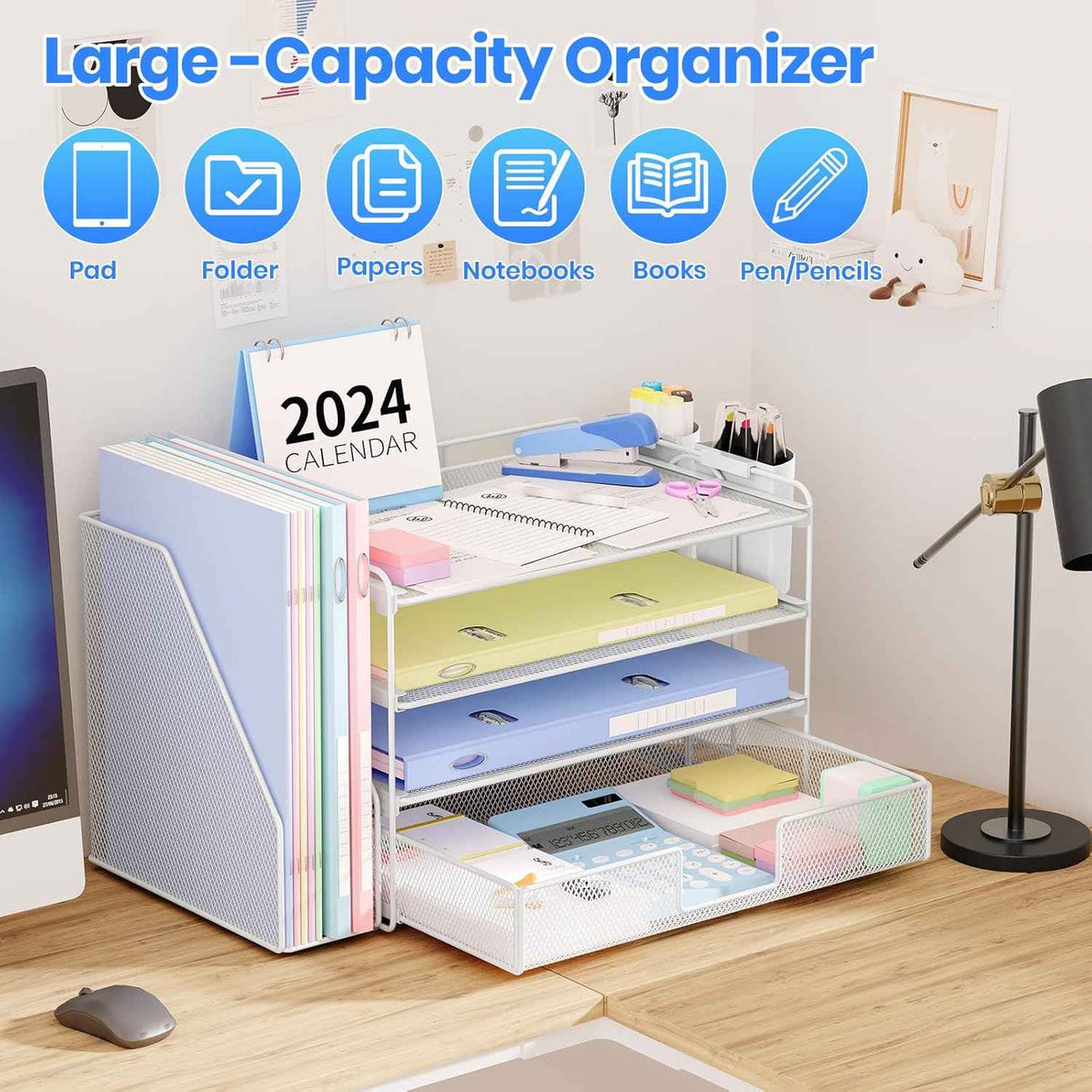 Desk Organizer, 4-Tier Desktop File Organizer with Drawer and Pen Holders, Office Desk Accessories, File Sorters, Workspace Organizers for Office Supplies(White)