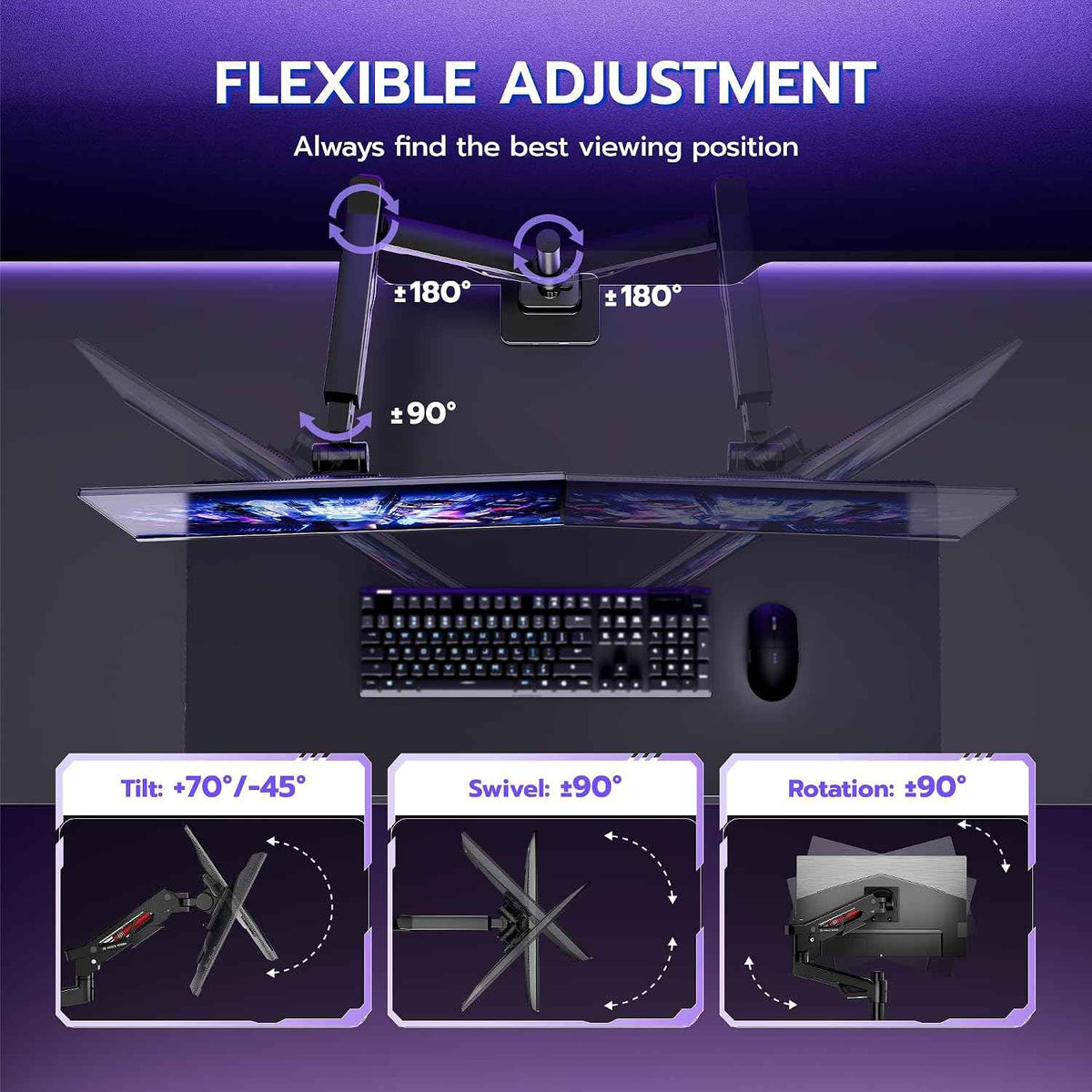 ARES WING Heavy-Duty Gas Spring Ultrawide Monitor Arm 57"66Lbs USB VESA | Height Adjustable & Extendable, Built-in USB Port, Multi VESA Compatible, Clamp & Grommet Base, For Large Ultrawide Monitor