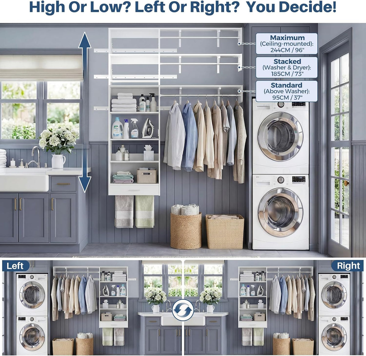 60-Inch Wall-Mounted Laundry Shelf & Hanging Rack - Field & Nook