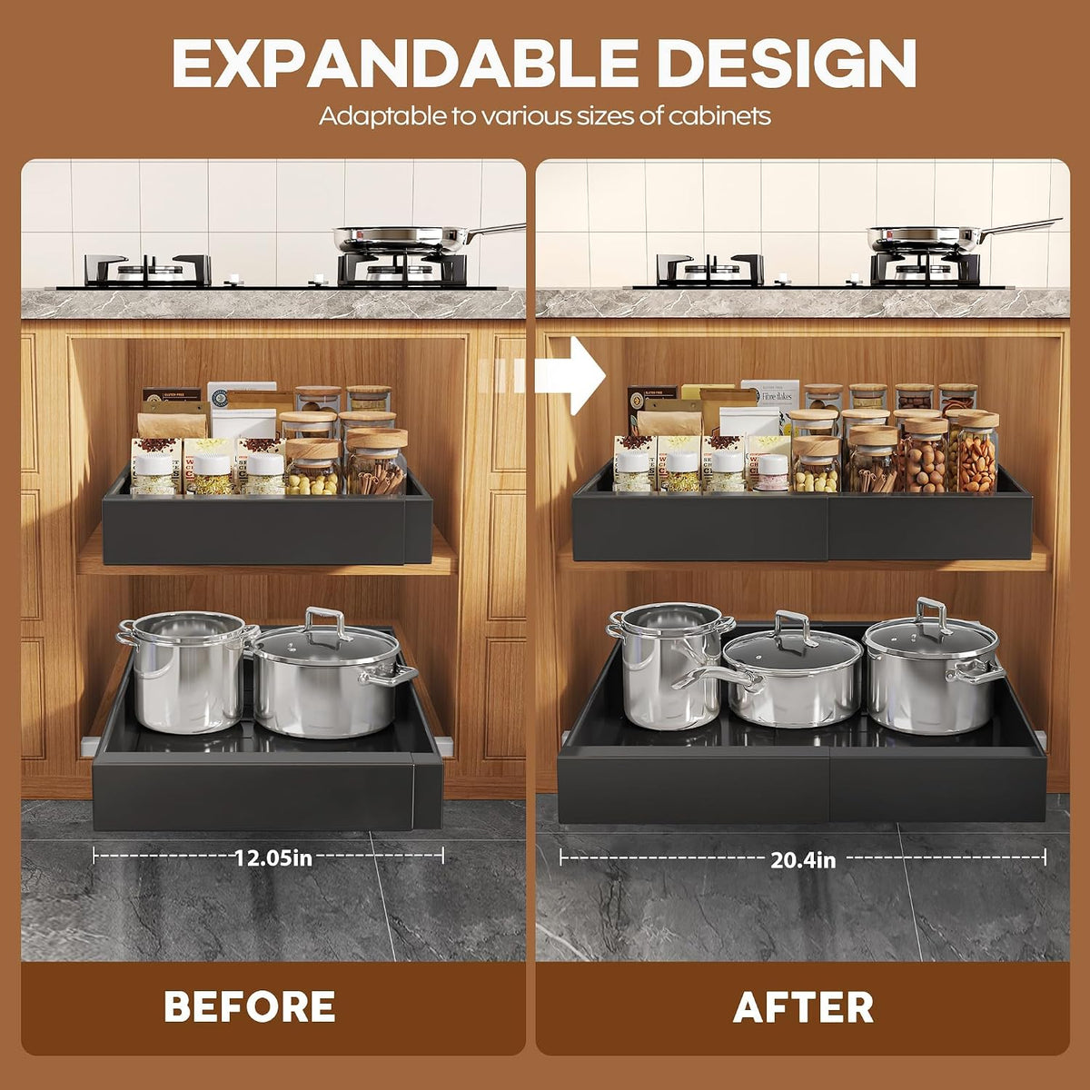 Seinloes 2Pack Expandable Pull Out Cabinet Organizer 21"Deep with Raising Pad for Framed Cabinets, Upgrade 3 Slide Rails Slide Out Drawers, Roll Out Shelves Adhesive,Adjustable Width 12.05"-20.4"Black - Field & Nook