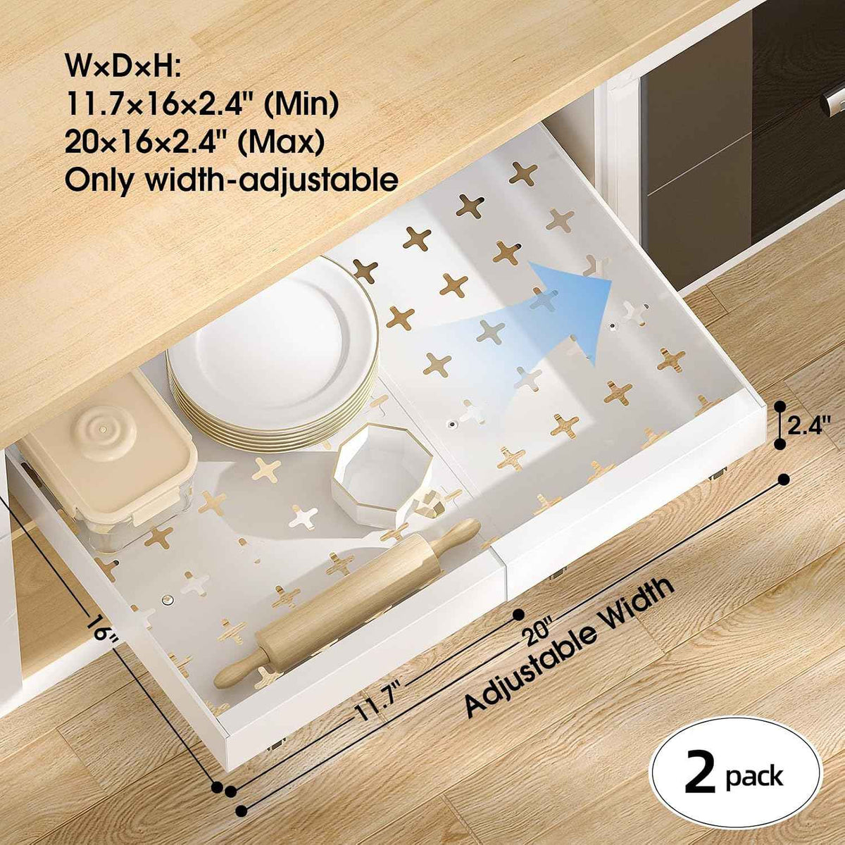 Delamu 2 Pack Pull Out Cabinet Organizer, 16" Deep, White