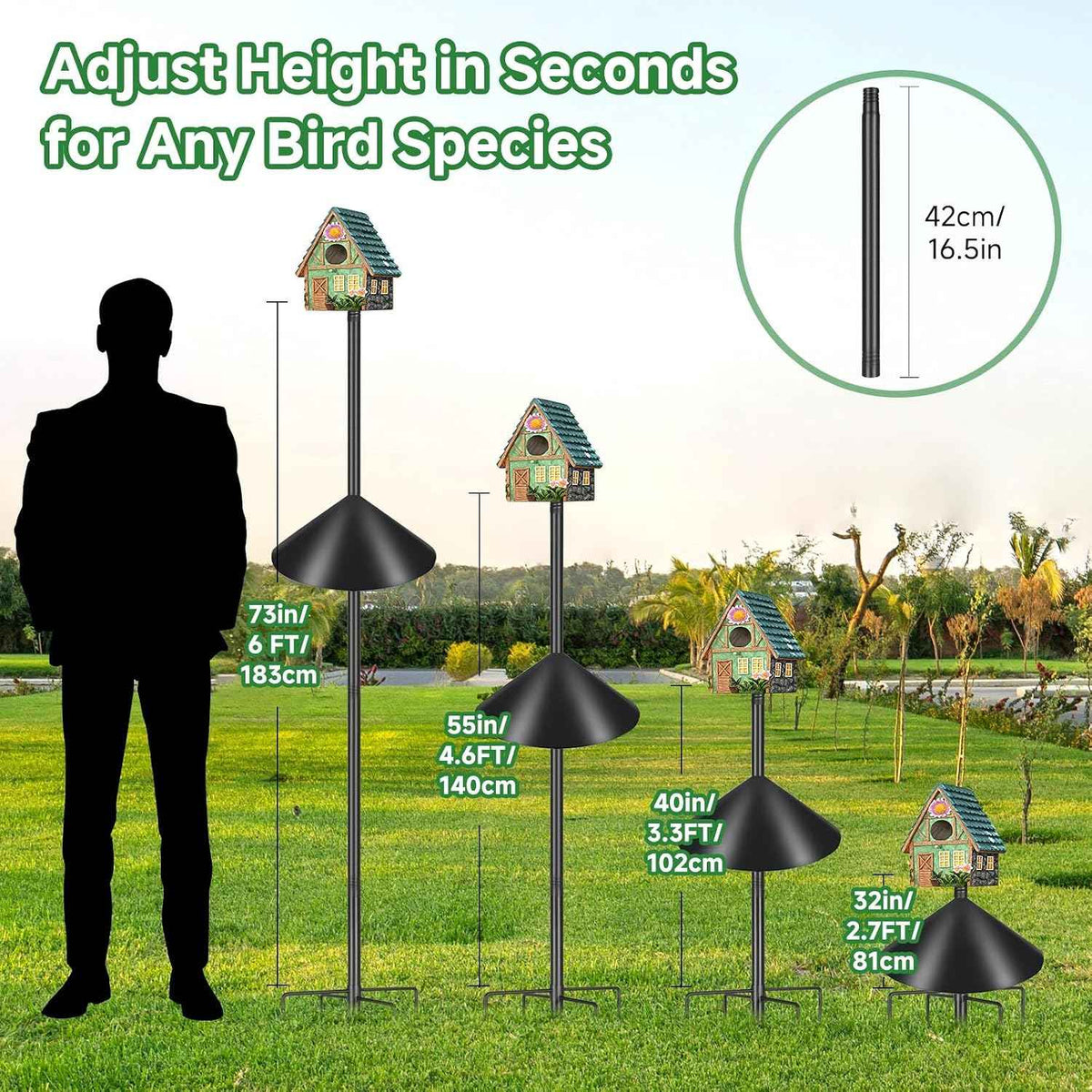 Smart Bird Feeder Pole with Squirrel Baffle & Bath-Heavy Duty Adjustable 3-6.6ft Universal Stand Mount for Backyard&Outdoor Bird Houses/Cameras (80" Pole-Baffle)