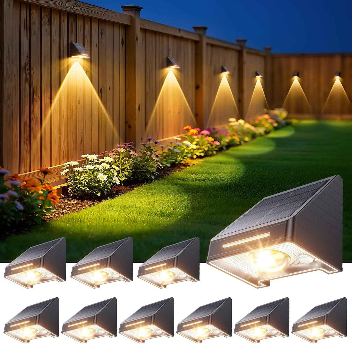 KOOPER Solar Fence Lights Outdoor Waterproof 10 Pack, Solar Fence Lights with Ultra-Bright LED Lens, 10 Modes & 9 Colors Outdoor Solar Lights for Fence, Backyard, Railing, Patio, Wall, Step, Deck
