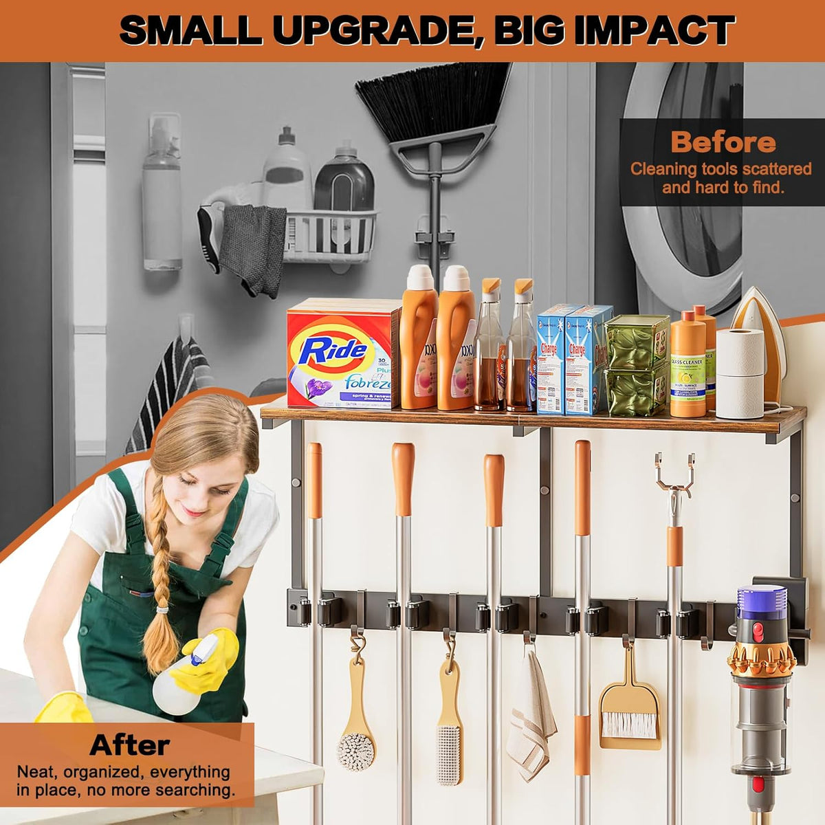 Broom Holder Wall Mount with Cleaning Supplies Organizer - Field & Nook
