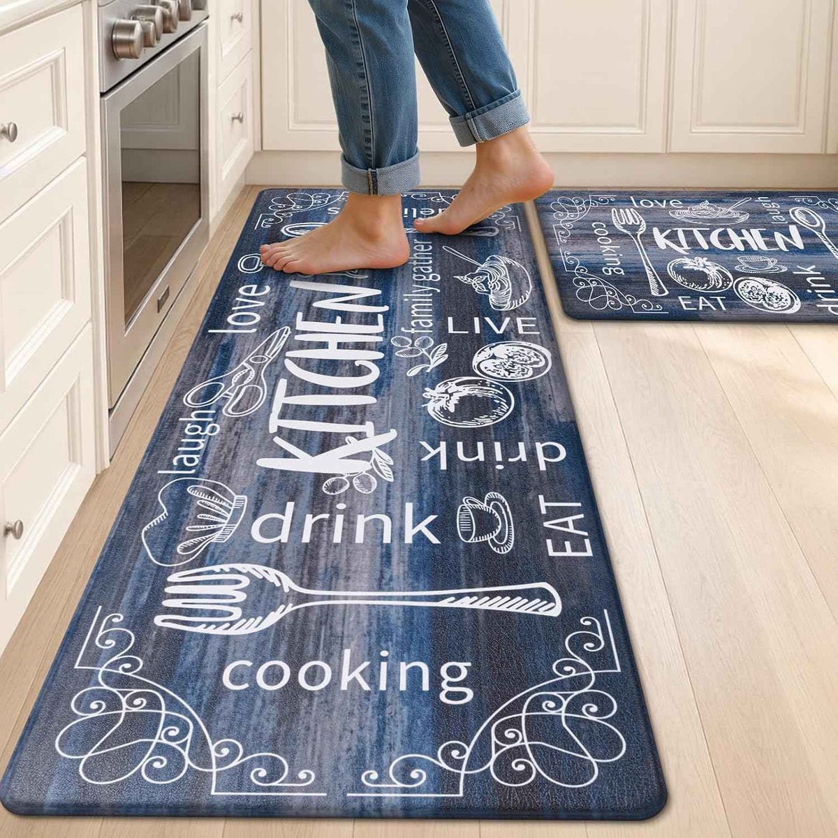 HEBE Anti Fatigue Kitchen Rugs Set of 2, Cushioned Kitchen Mats for Floor | Non Slip Farmhouse Kitchen Rug and Runner Set, Waterproof Comfort Kitchen Floor Mat Carpet for Sink, Standing Desk, Laundry