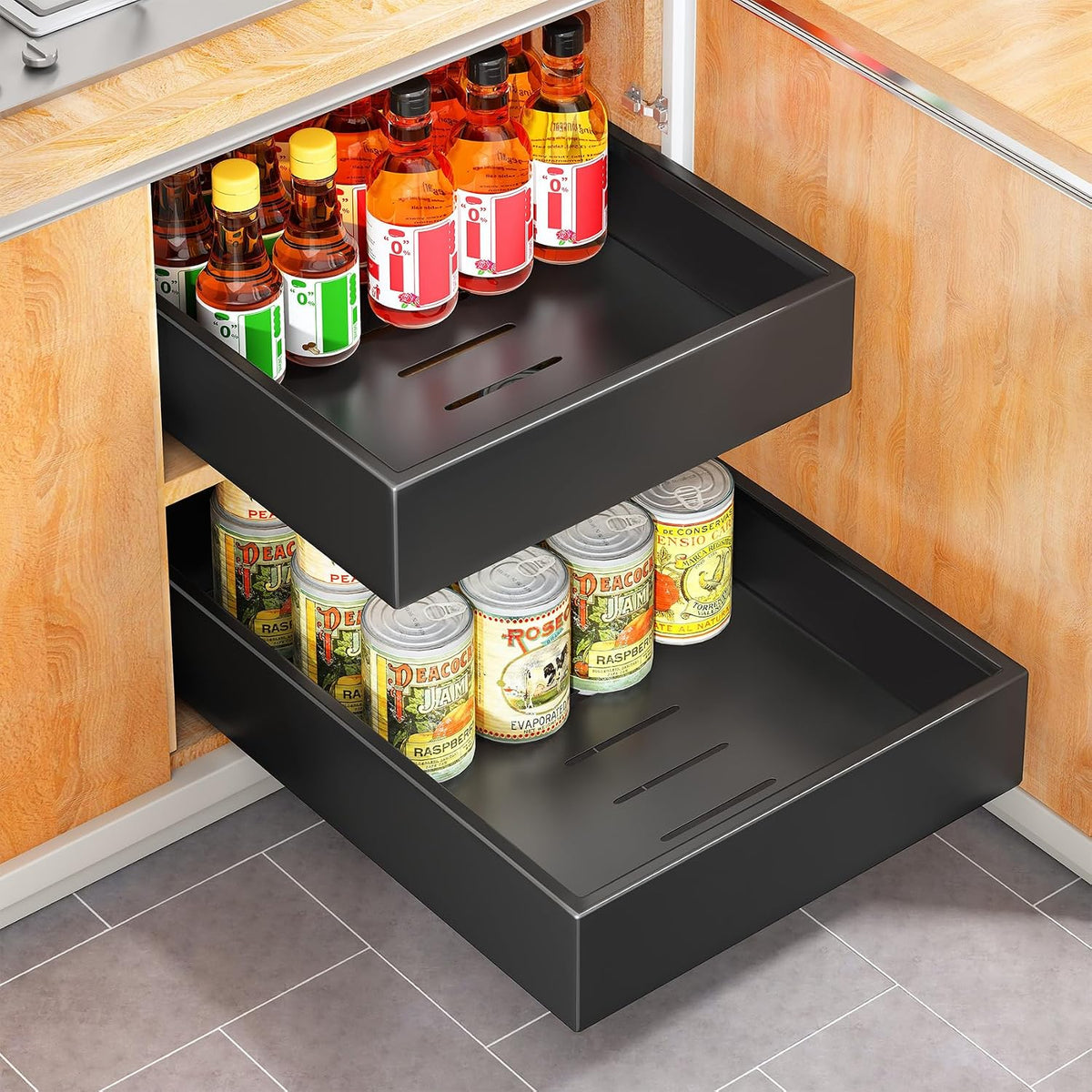 Pull out Cabinet Organizer, 21"Deep, 11.8"Wide Full-Extension Heavy Duty Slide out Drawers with Nano Adhesive, Roll Out Shelves Sliding Cabinet for Kitchen, Bathroom, Pantry,Under Sink Storage(Black) - Field & Nook