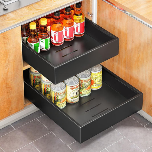 Pull out Cabinet Organizer, 21"Deep, 11.8"Wide Full-Extension Heavy Duty Slide out Drawers with Nano Adhesive, Roll Out Shelves Sliding Cabinet for Kitchen, Bathroom, Pantry,Under Sink Storage(Black) - Field & Nook