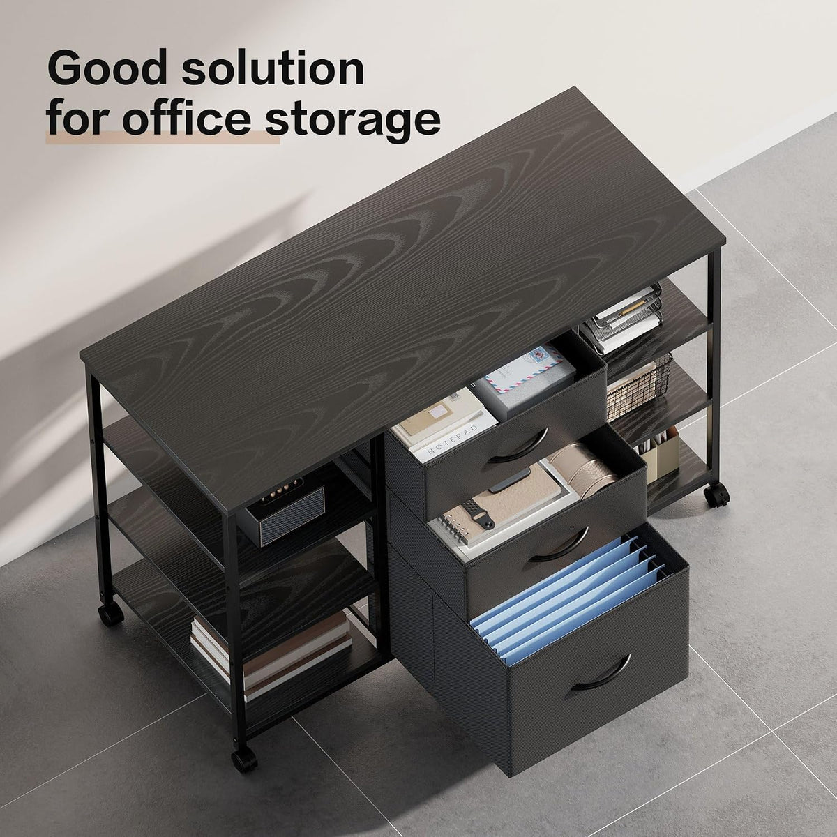 YeTom Mobile File Cabinet,Lateral Filing Cabinet with 3 Fabric Drawers,Rolling Printer Stand with 4 Open Storage Shelf for Home Office,Black - Field & Nook
