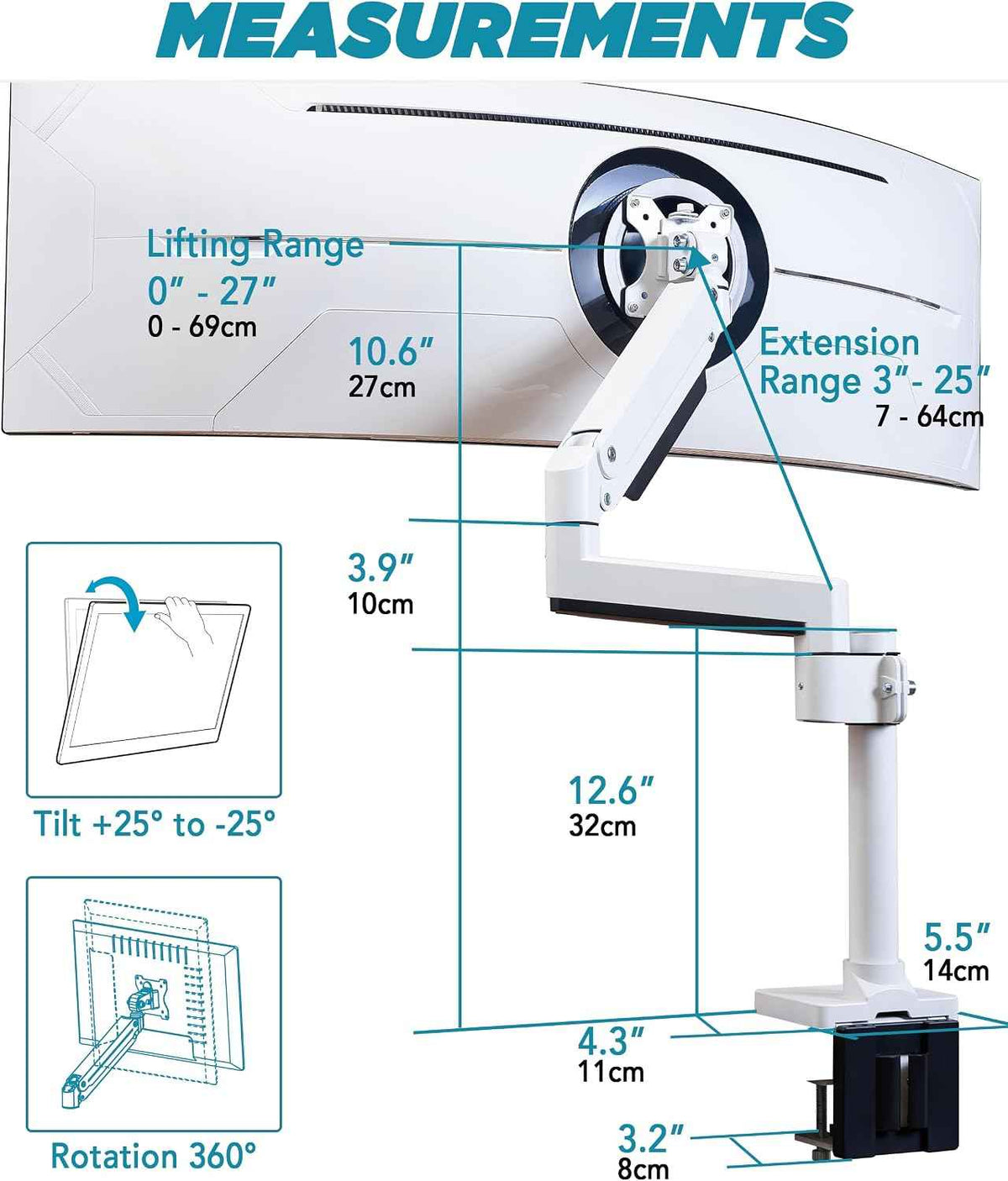 ULTRARM Heavy Duty Monitor Arm for Ultrawide Curved Monitors Modular Design | Max 57", 44 lb, 900R Screens, VESA 100x100, Upgradable, Pneumatic Height Adjustable, C-clamp & Grommet Mount, White, MA20PW-S