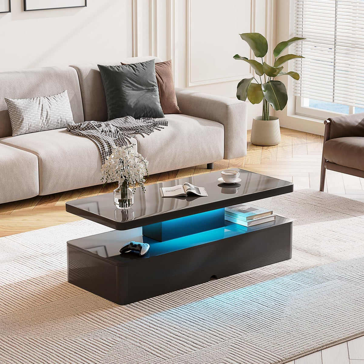 MXV 40" Modern Coffee Table with LED Lights, Black