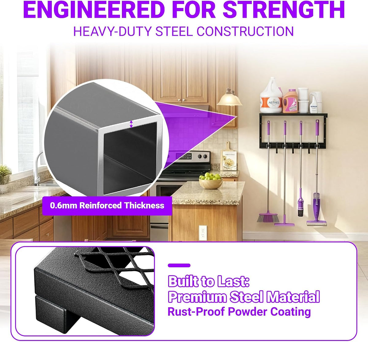 Heavy Duty Broom Holder Wall Mount – All-Metal Mop Rack with Storage Shelves - Field & Nook