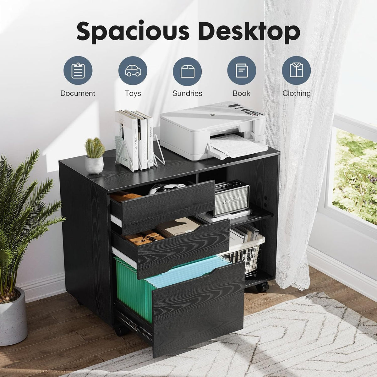 DUMOS File Cabinet with 3 Drawers, Wood Under Desk Storage Printer Stand | Rolling Lateral Filing Cabinet with Adjustable Shelves for Home Office Study Organization,Black - Field & Nook