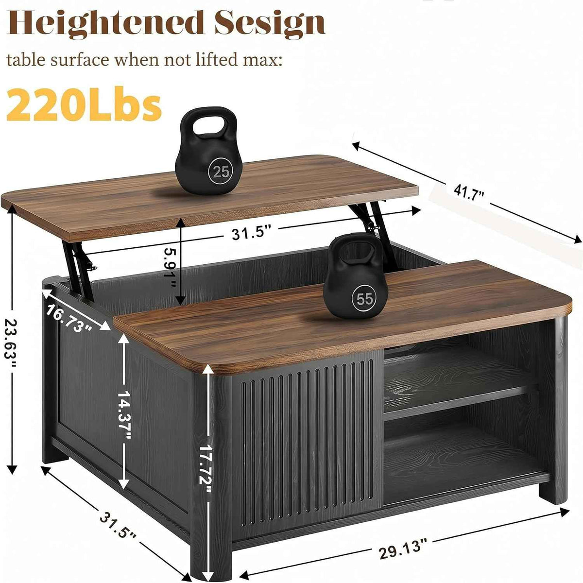 Decofy Lift Top Coffee Table with Storage and Shelves