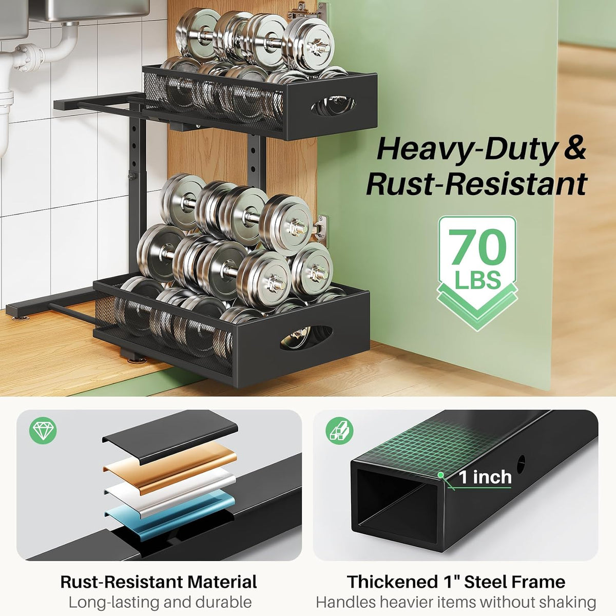 Under Sink Organizer, 2-Pack Pull Out Cabinet Organizer 2 Tier Metal Slide Out Storage Shelf Rack, L-Shaped Adjustable Height,Mesh Sliding Drawer for Kitchen, Bathroom, Laundry, Pantry, Black, XL - Field & Nook