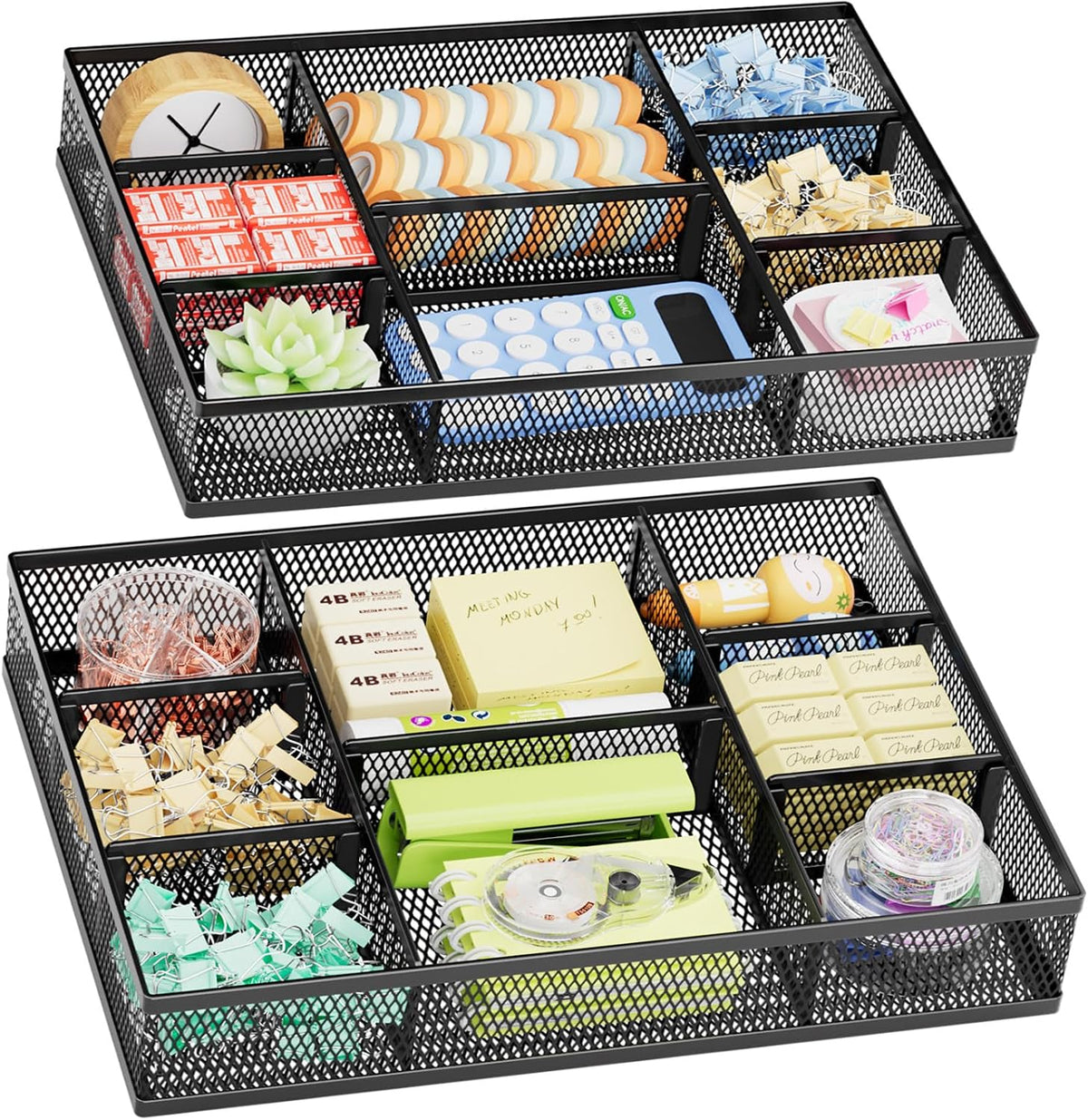 Marbrasse 2 Pack Desk Drawer Organizer, Mesh Drawer Organizer Tray with 8 Adjustable Compartments, Desk Organizers and Accessories, 5 Dividers Drawer for Office Supplies, Makeup & Vanity (Black) - Field & Nook