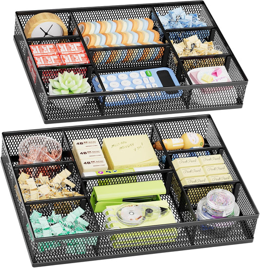 Marbrasse 2 Pack Desk Drawer Organizer, Mesh Drawer Organizer Tray with 8 Adjustable Compartments, Desk Organizers and Accessories, 5 Dividers Drawer for Office Supplies, Makeup & Vanity (Black) - Field & Nook