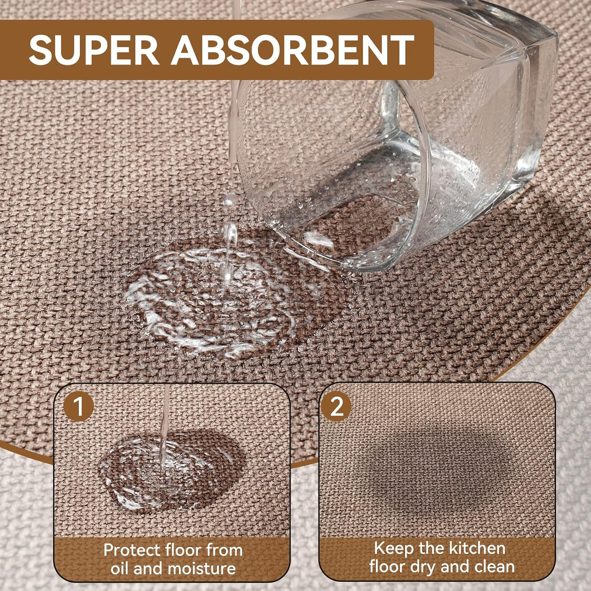 Kitchen Rugs Kitchen Mats for Floor Non Slip Washable Brown 17"x30" | Linen-Look 0.3" Thick Soft Cushioned Absorbent Kitchen Floor Mat Sink Mat Runner Rugs for Kitchen, Front of Sink, Easy Clean