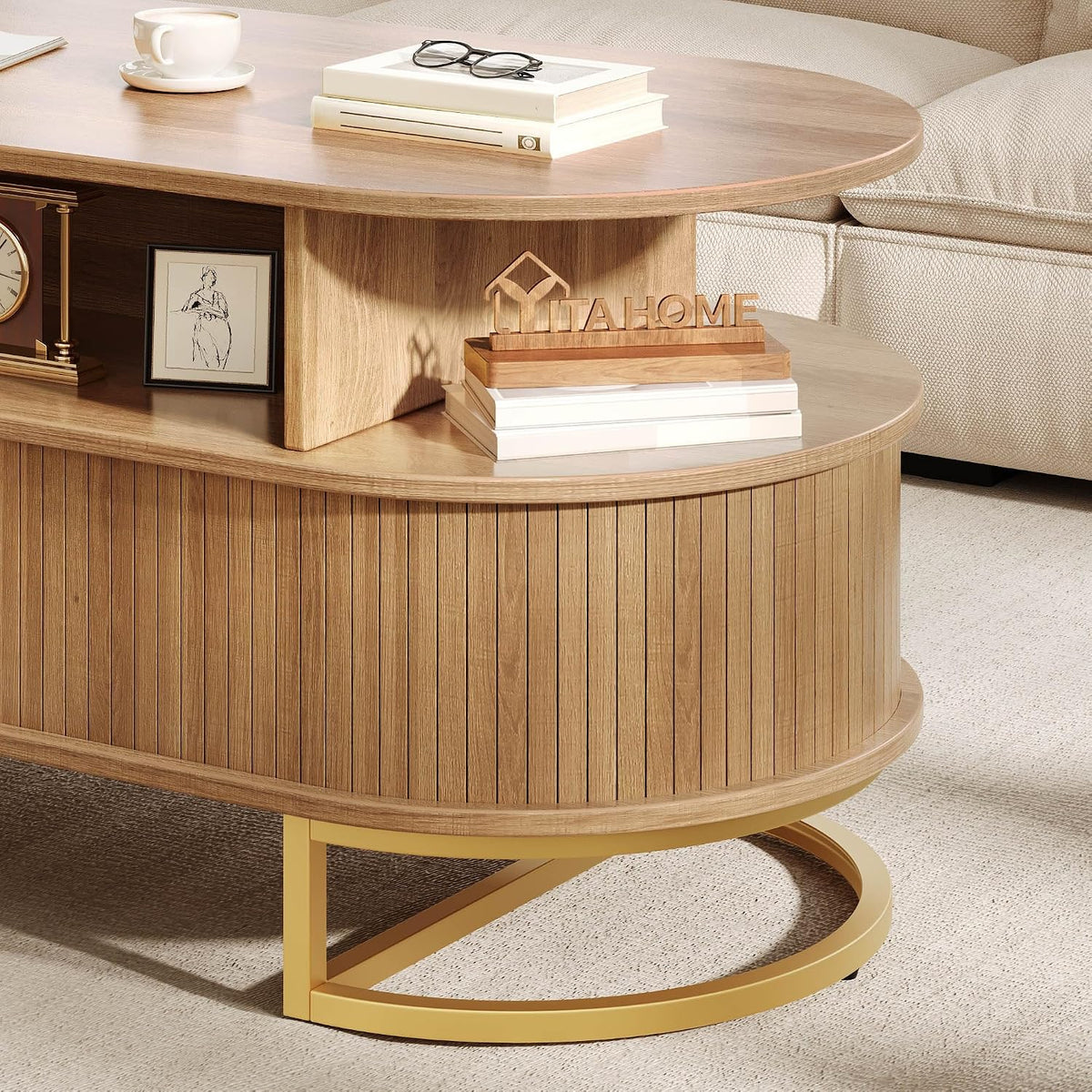 YITAHOME 47.2" Oval Coffee Table, Natural Oak